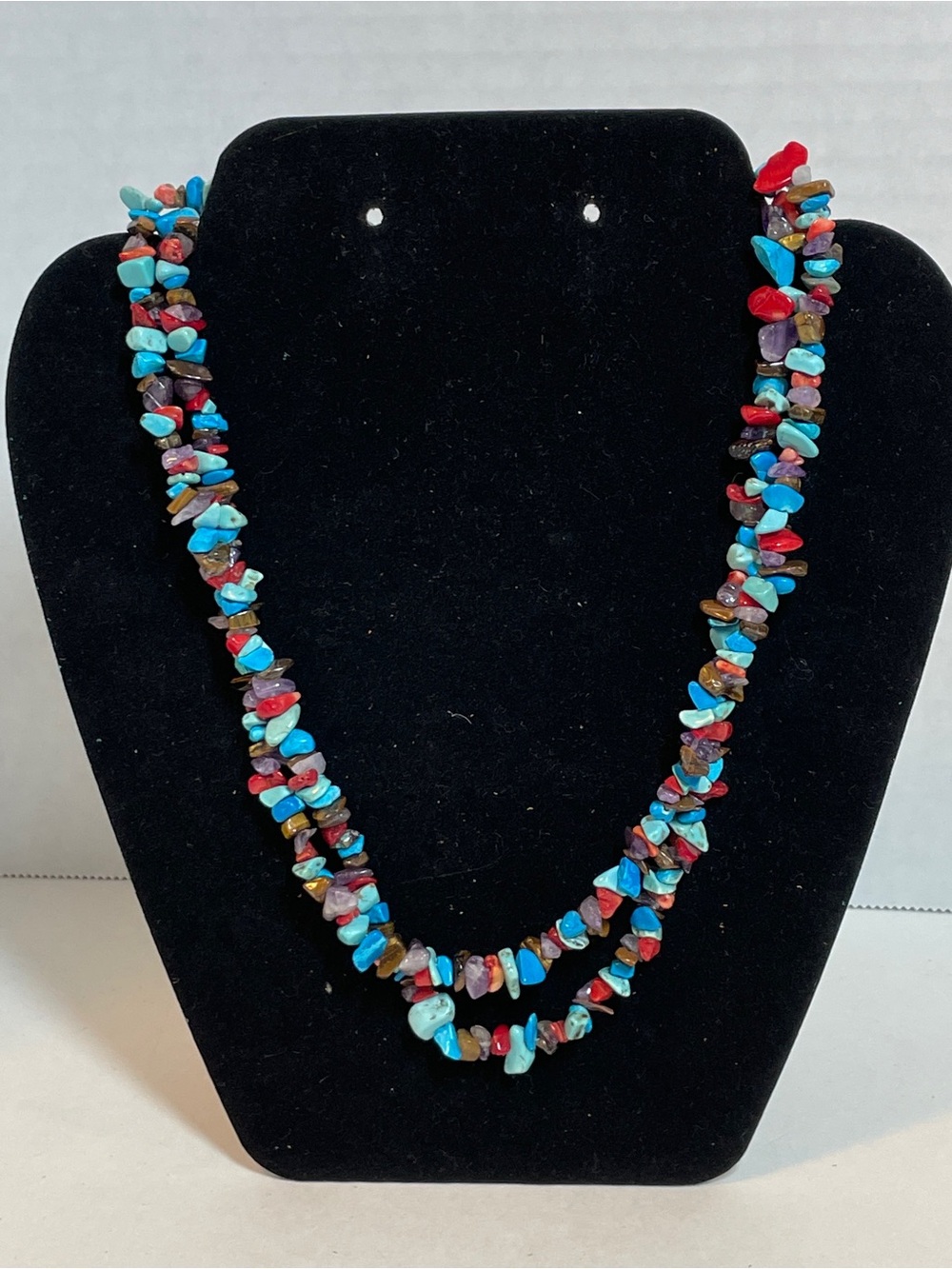 VTG Coral Turquoise Chip Necklace 1 Strand 19" Amethyst/Tiger Eye/Quartz/Coral